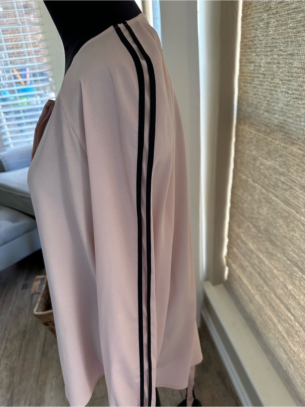 Calvin Klein Pale Pink Bow Tie Blouse with Black Trim - Picture 2 of 5